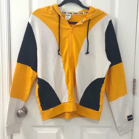 PINK Colorblock Black and Yellow Zip-Up Hoodie Size L - Picture 1 of 8